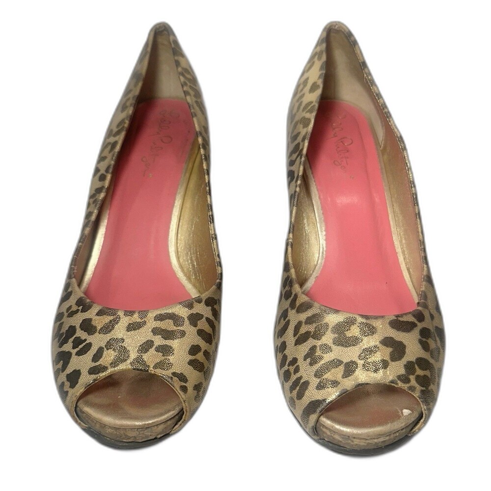 Lilly Pulitzer Leopard Print Cork Wedge Peep Toe Heels Women’s 6M